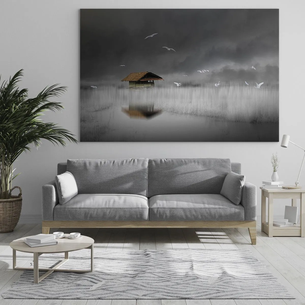 Quadro su vetro - Una casa sull'acqua nella nebbia con uccelli che volano - 100x70cm - Riparo dalla pioggia - Decorazione murale moderna per soggiorno e camera da letto ARTTOR