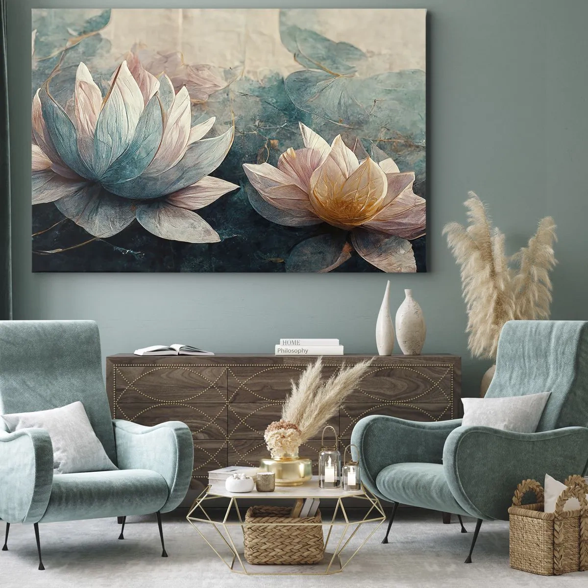 Quadro su tela - Stampe su Tela - Delicate ninfee in tonalità pastello di blu e oro - 70x50cm - Le stelle del lago - Decorazione murale moderna per soggiorno e camera da letto ARTTOR