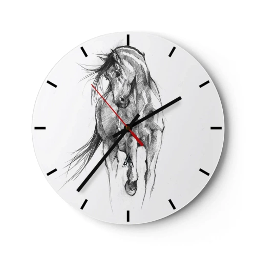 Orologio da parete - Orologio in Vetro - Schizzo a matita di un cavallo al galoppo su sfondo bianco. - 30x30cm - Trotto aggraziato - Decorazione murale moderna per soggiorno, cucina e camera da letto ARTTOR