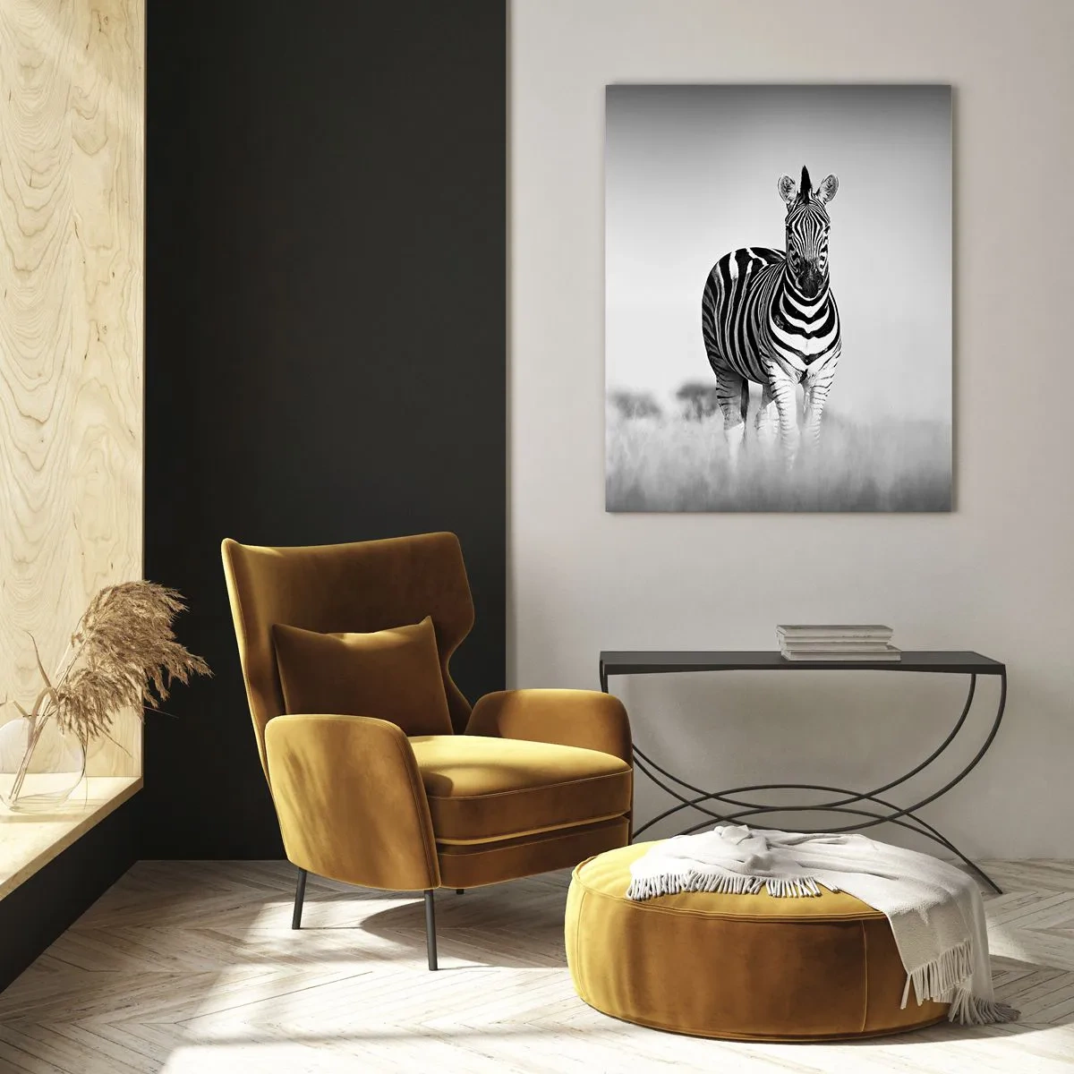 Quadro su vetro - Due zebre nella savana in stile monocromatico - 80x120cm - E tuttavia il mondo è bianco e nero - Decorazione murale moderna per soggiorno e camera da letto ARTTOR