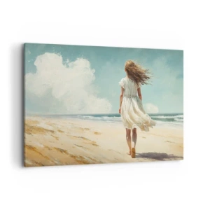Quadro su tela - Stampe su Tela - Una donna in abito bianco che cammina sulla spiaggia in una giornata di sole - 100x70cm - Dove sole e vento si incontrano - Decorazione murale moderna per soggiorno e camera da letto ARTTOR
