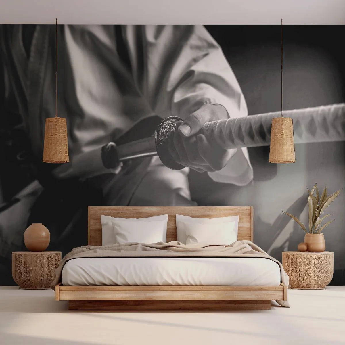 Fotomurali Premium Canvas - Un samurai in kimono che impugna una katana in bianco e nero. - 100x70cm - L'anima del guerriero - Decorazione murale moderna per soggiorno e camera da letto ARTTOR