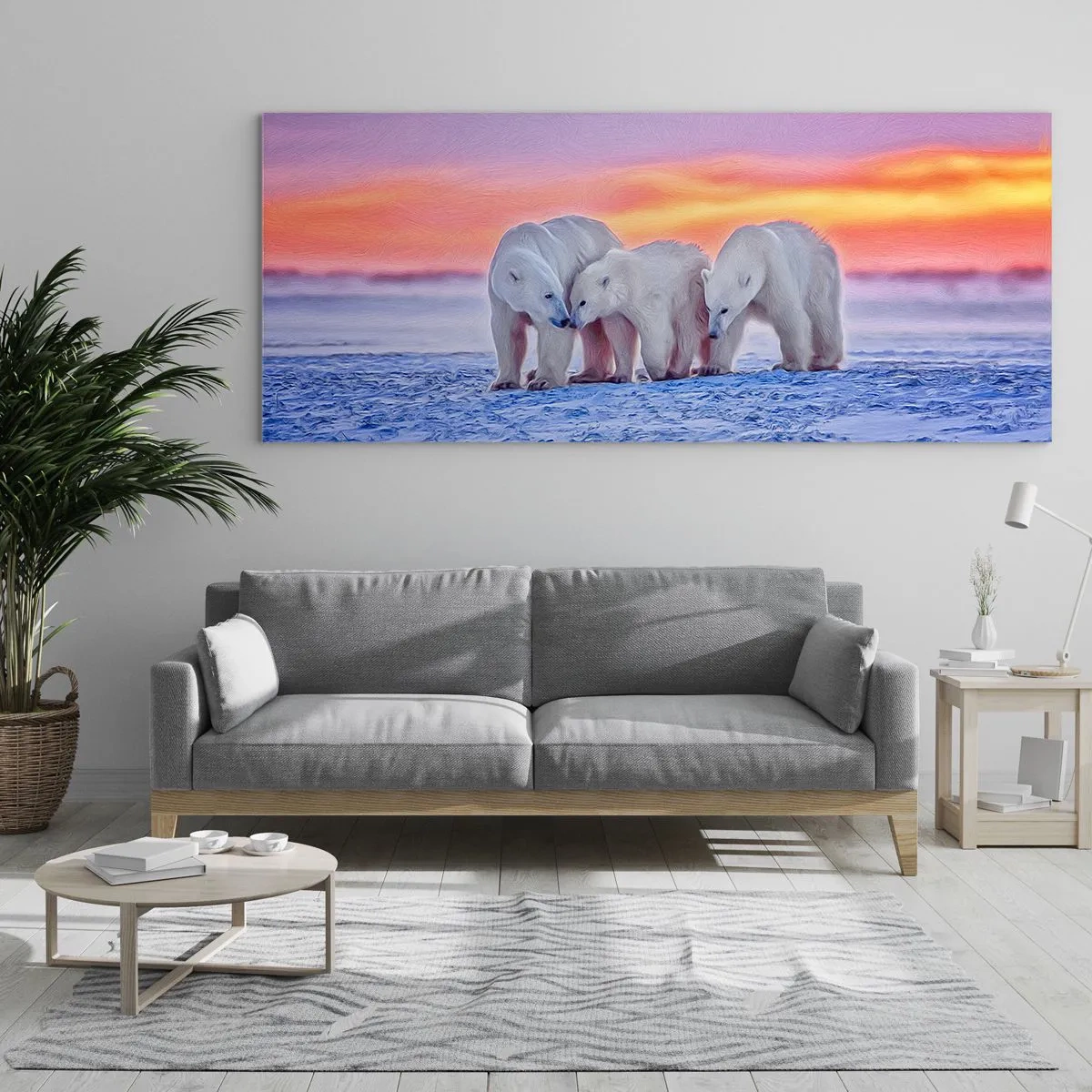 Quadro su vetro - Tre orsi polari sullo sfondo di un tramonto artico - 120x50cm - Basta il calore della famiglia - Decorazione murale moderna per soggiorno e camera da letto ARTTOR