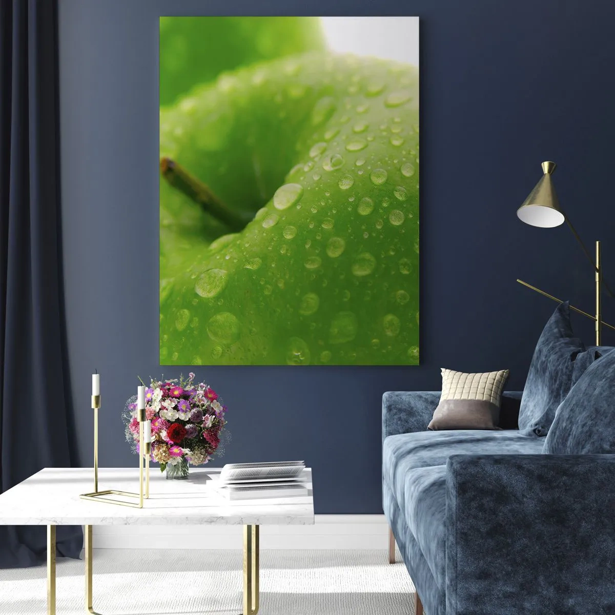 Quadro su vetro - Primo piano di una mela verde con gocce d'acqua - 80x120cm - Rinfrescante verde freschezza - Decorazione murale moderna per soggiorno e camera da letto ARTTOR