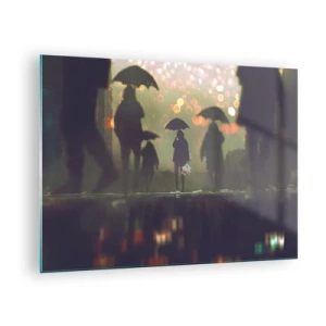 Quadro su vetro - Figure con ombrelli sotto la pioggia sullo sfondo delle luci della città - 70x50cm - Dalla prospettiva di una goccia di pioggia - Decorazione murale moderna per soggiorno e camera da letto ARTTOR