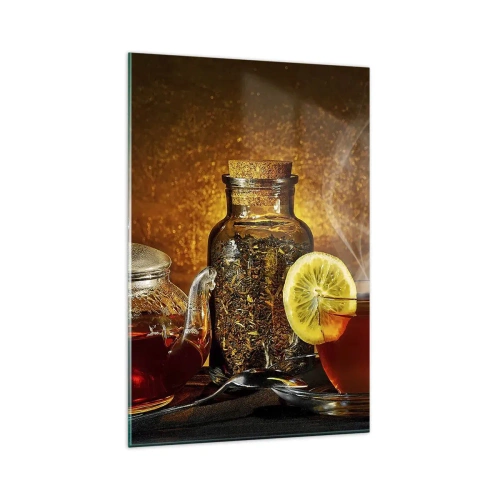 Quadro su vetro - Tè in una brocca di vetro con limone e tè sfuso - 80x120cm - Nello stile dei maestri olandesi - Decorazione murale moderna per soggiorno e camera da letto ARTTOR