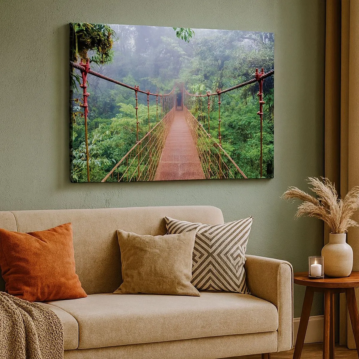 Quadro su tela - Stampe su Tela - Un ponte sospeso in una giungla tropicale circondato dalla nebbia - 70x50cm - Sospeso sopra gli alberi - Decorazione murale moderna per soggiorno e camera da letto ARTTOR