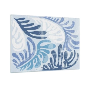 Quadro su vetro - Foglie di felce decorative nei toni del blu su uno sfondo chiaro - 70x50cm - Felci blu - Decorazione murale moderna per soggiorno e camera da letto ARTTOR
