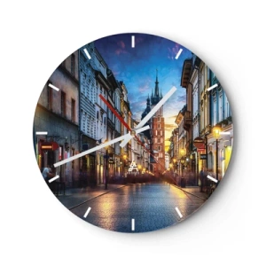 Orologio da parete - Orologio in Vetro - Una strada con vista sulla chiesa di Santa Maria al tramonto - 30x30cm - La magia di Cracovia - Decorazione murale moderna per soggiorno, cucina e camera da letto ARTTOR
