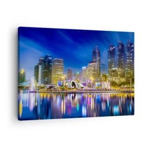Quadro su tela - Stampe su Tela - Panorama notturno della città con luci riflesse sull'acqua - 70x50cm - Notte multicolore della metropoli - Decorazione murale moderna per soggiorno e camera da letto ARTTOR
