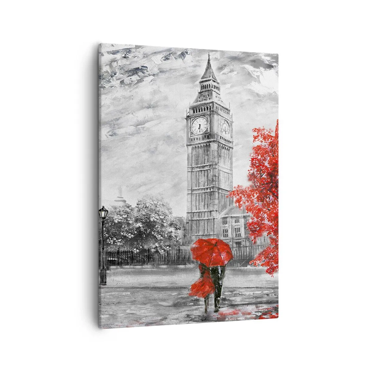 Quadro su tela - Stampe su Tela - Vista iconica di Londra con il Big Ben, un autobus rosso e un ombrello - 50x70cm - Un giorno eccitante - Decorazione murale moderna per soggiorno e camera da letto ARTTOR