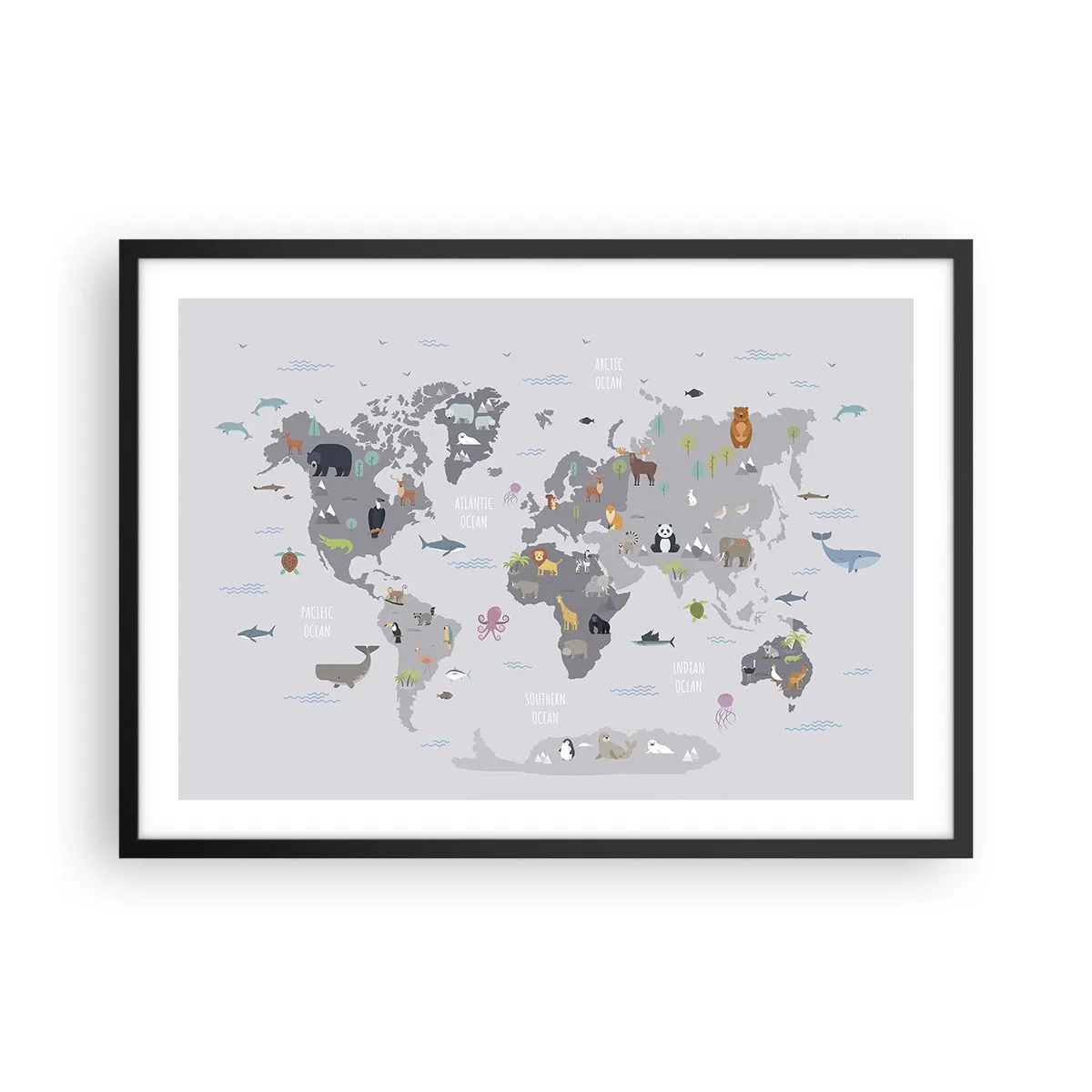 Poster in cornice nera - Una mappa del mondo con illustrazioni di animali su uno sfondo grigio - 70x50cm - Dimmi di dove sei... - Decorazione murale moderna per soggiorno e camera da letto ARTTOR
