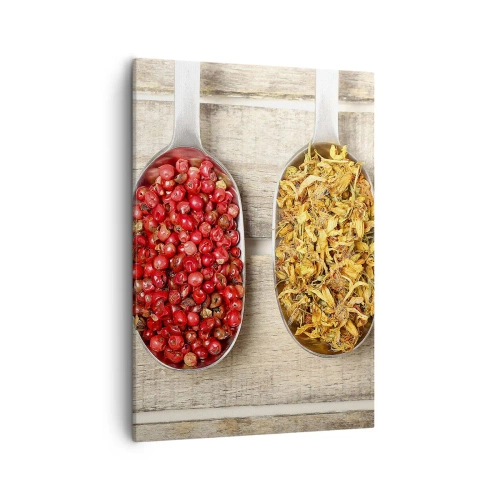 Quadro su tela - Stampe su Tela - Tre cucchiai di metallo con spezie su uno sfondo di legno - 50x70cm - Magia in cucina - Decorazione murale moderna per soggiorno e camera da letto ARTTOR