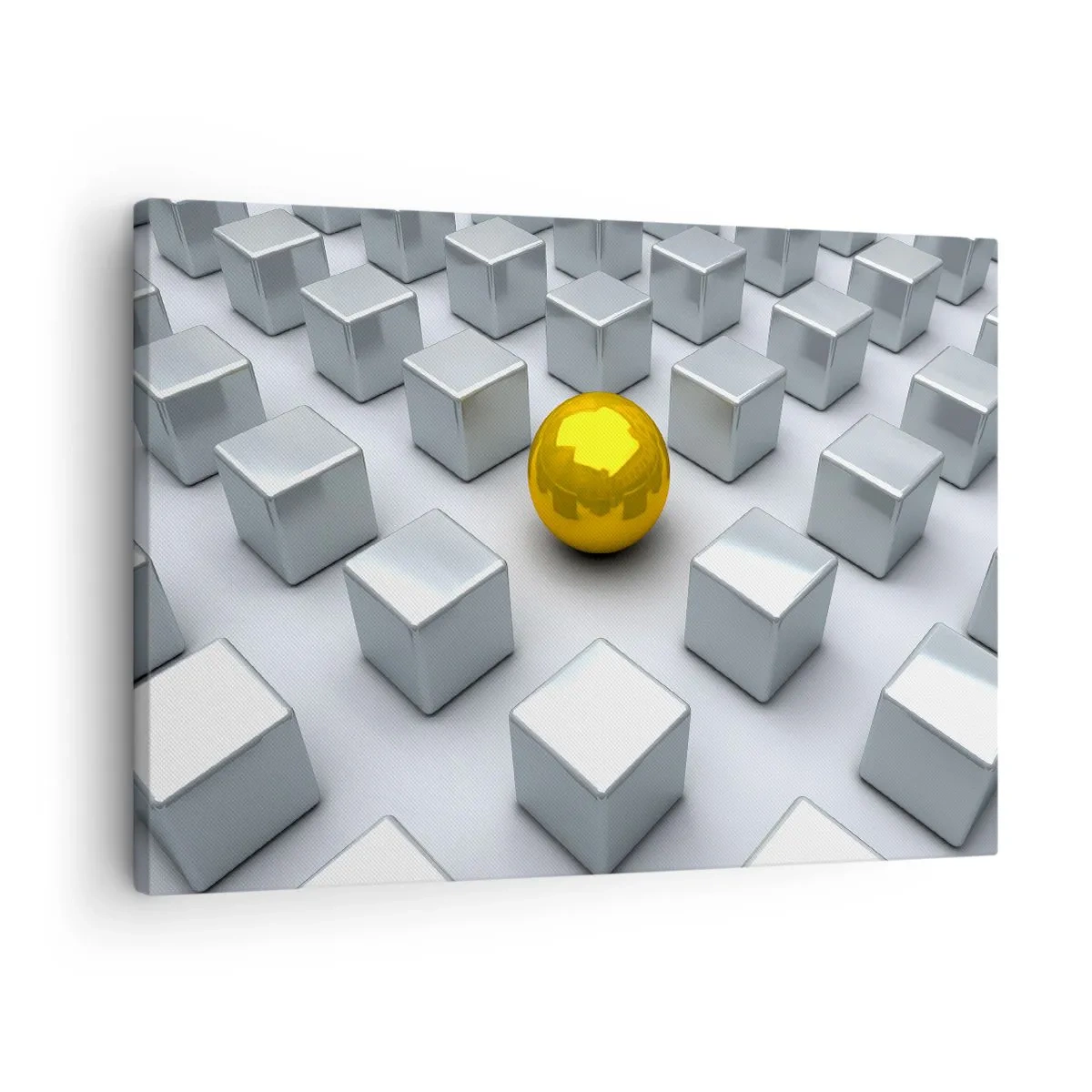 Quadro su tela - Stampe su Tela - Una sfera dorata che spicca tra i cubi d'argento - 70x50cm - Perché io? Composizione geometrica - Decorazione murale moderna per soggiorno e camera da letto ARTTOR