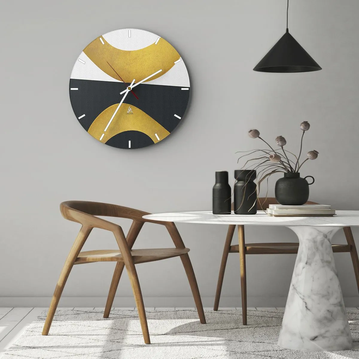 Orologio da parete - Orologio in Vetro - Forme astratte dorate su sfondo bianco e nero - 30x30cm - Iniziamo dall'oro - Decorazione murale moderna per soggiorno, cucina e camera da letto ARTTOR