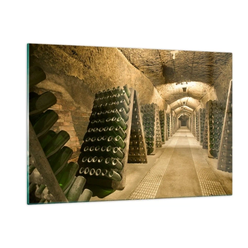 Quadro su vetro - Una cantina con bottiglie di vino invecchiate in file - 120x80cm - Nascita del sapore - Decorazione murale moderna per soggiorno e camera da letto ARTTOR