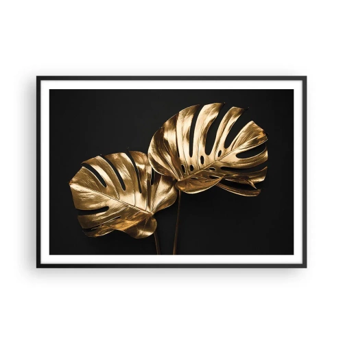 Poster in cornice nera - Foglie di monstera dorate su sfondo nero - 100x70cm - I tesori della natura - Decorazione murale moderna per soggiorno e camera da letto ARTTOR