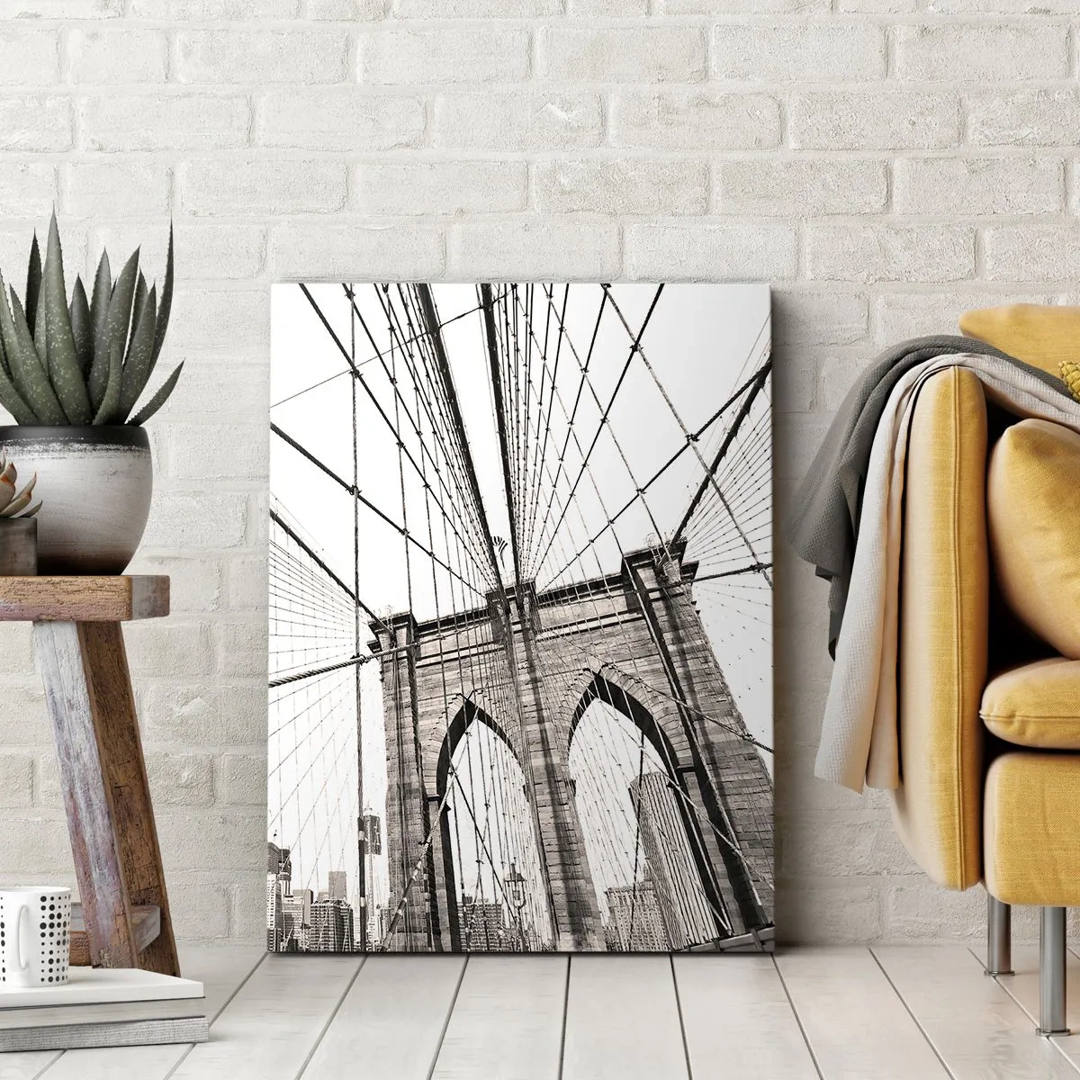 Quadro su tela - Stampe su Tela - Il ponte di Brooklyn in monocromia - 80x120cm - La cattedrale di New York - Decorazione murale moderna per soggiorno e camera da letto ARTTOR