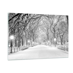 Quadro su vetro - Viale alberato invernale nel parco con luci e neve - 120x80cm - Quattro stagioni: l'inverno - Decorazione murale moderna per soggiorno e camera da letto ARTTOR