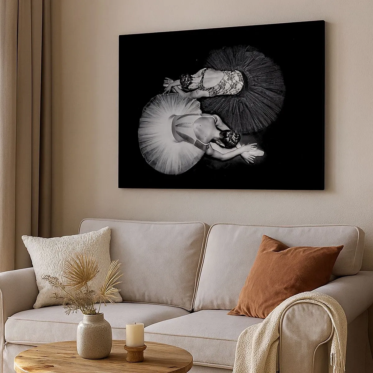 Quadro su tela - Stampe su Tela - Un'immagine in bianco e nero di due ballerine in una posa dinamica. - 70x50cm - Yin e yang - equilibrio ideale - Decorazione murale moderna per soggiorno e camera da letto ARTTOR