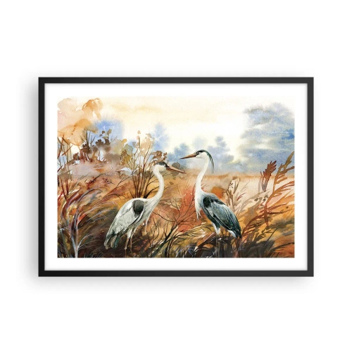 Poster in cornice nera - Due aironi sullo sfondo di un paesaggio autunnale - 70x50cm - Dove in autunno? - Decorazione murale moderna per soggiorno e camera da letto ARTTOR