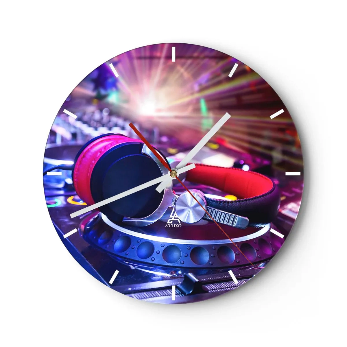 Orologio da parete - Orologio in Vetro - Cuffie e console per DJ sotto i riflettori colorati - 30x30cm - Sarà fantastico - Decorazione murale moderna per soggiorno, cucina e camera da letto ARTTOR