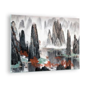 Quadro su vetro - Un pittoresco paesaggio montano con cime nebbiose e alberi rossi - 70x50cm - Protettori potenti - Decorazione murale moderna per soggiorno e camera da letto ARTTOR