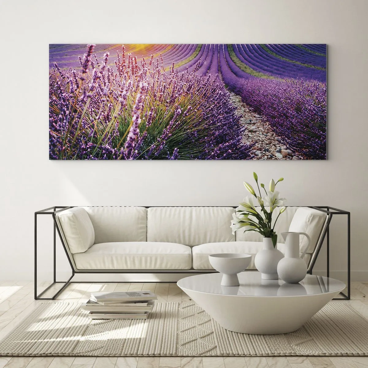 Quadro su vetro - Campo di lavanda al tramonto - 160x50cm - Campo profumato - Decorazione murale moderna per soggiorno e camera da letto ARTTOR