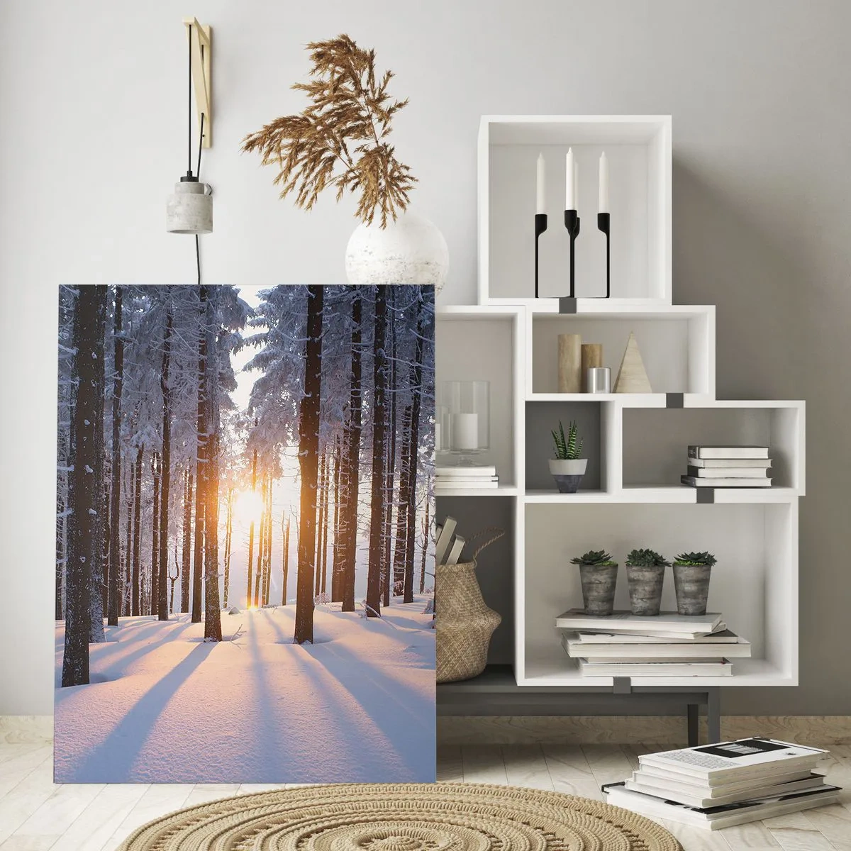Quadro su vetro - Foresta invernale illuminata dai raggi del sole - 80x120cm - Decisamente nero su bianco - Decorazione murale moderna per soggiorno e camera da letto ARTTOR