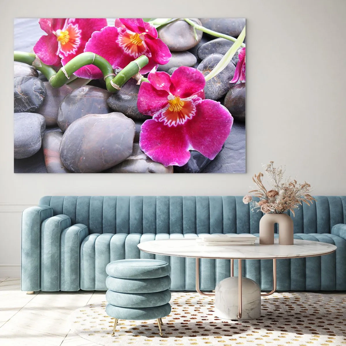 Quadro su vetro - Orchidee rosa con bambù su pietre - 70x50cm - Fresco e calore - Decorazione murale moderna per soggiorno e camera da letto ARTTOR