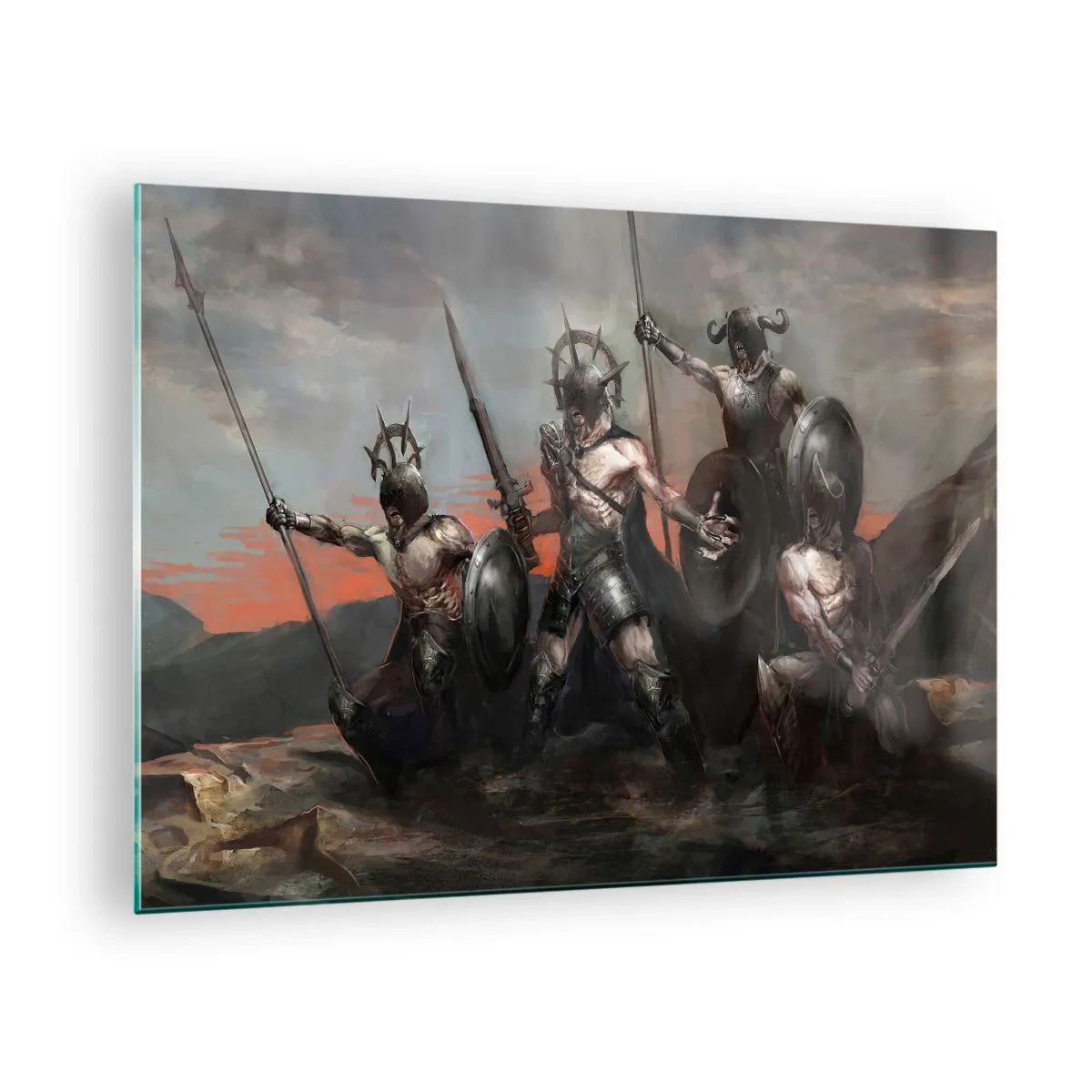 Quadro su vetro - Guerrieri con lance e scudi contro il cielo rosso - 70x50cm - Con lo scudo o sullo scudo - Decorazione murale moderna per soggiorno e camera da letto ARTTOR