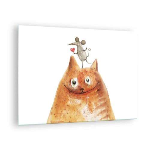Quadro su vetro - Un gatto con un topo sulla testa in stile umoristico - 70x50cm - I paradossi dell'amore - Decorazione murale moderna per soggiorno e camera da letto ARTTOR