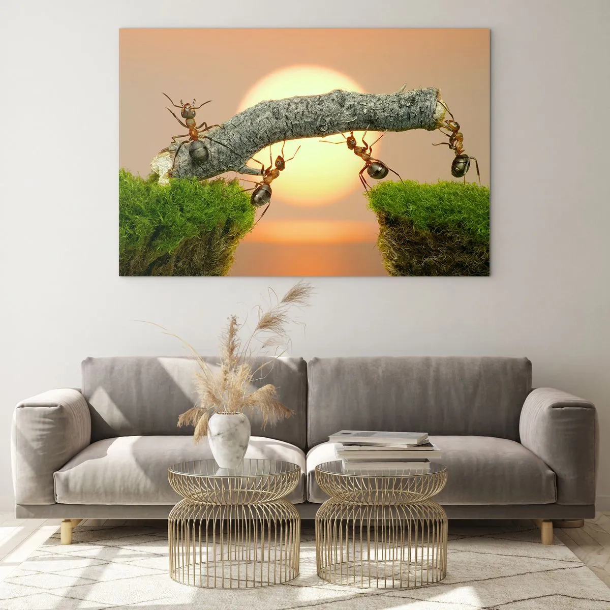 Quadro su vetro - Formiche che costruiscono un ponte al tramonto - 120x80cm - Gioioso lavoro comune - Decorazione murale moderna per soggiorno e camera da letto ARTTOR