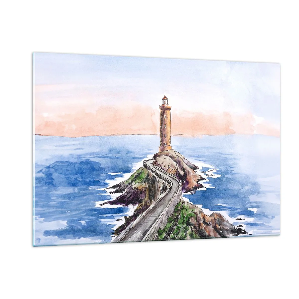 Quadro su vetro - Un faro su un promontorio roccioso circondato da un mare calmo - 120x80cm - Rivolto verso il mare - Decorazione murale moderna per soggiorno e camera da letto ARTTOR
