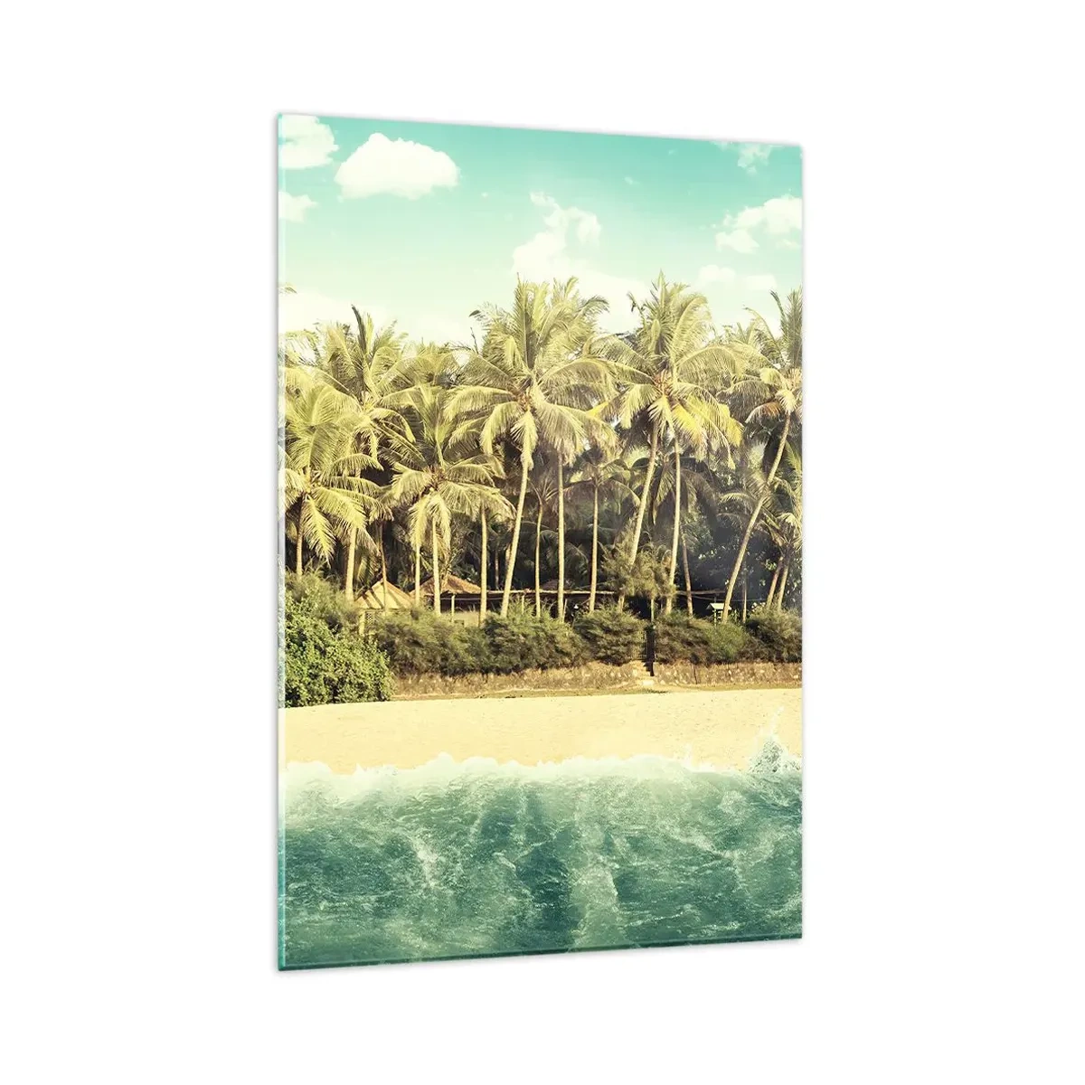 Quadro su vetro - Spiaggia tropicale con palme e mare turchese - 80x120cm - Forse qui? - Decorazione murale moderna per soggiorno e camera da letto ARTTOR