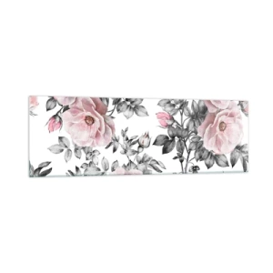 Quadro su vetro - Rose rosa e foglie su un delicato sfondo bianco e nero - 160x50cm - Perdersi tra le rose - Decorazione murale moderna per soggiorno e camera da letto ARTTOR