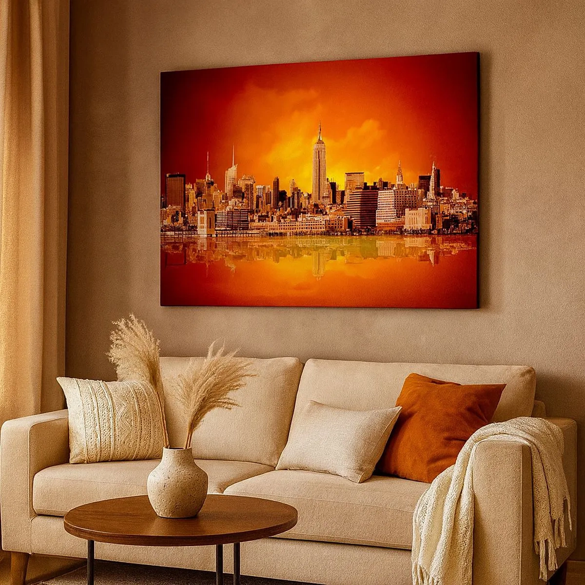 Quadro su tela - Stampe su Tela - Panorama della città al tramonto con gli edifici riflessi nell'acqua - 70x50cm - Panorama di grande città in giallo e marrone - Decorazione murale moderna per soggiorno e camera da letto ARTTOR