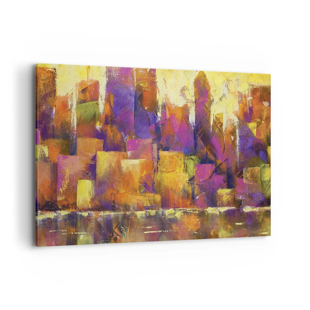 Quadro su tela - Stampe su Tela - Composizione astratta di una metropoli nei toni del giallo e del viola - 100x70cm - Composizione metropolitana - Decorazione murale moderna per soggiorno e camera da letto ARTTOR
