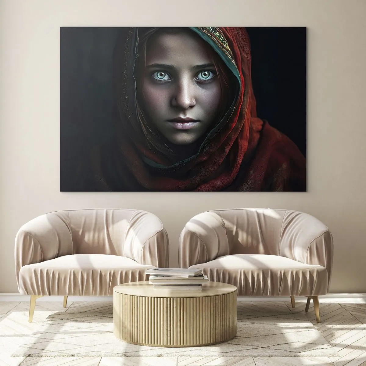 Quadro su vetro - Ritratto di una donna con una sciarpa rossa su uno sfondo scuro - 100x70cm - Principessa d'oriente - Decorazione murale moderna per soggiorno e camera da letto ARTTOR