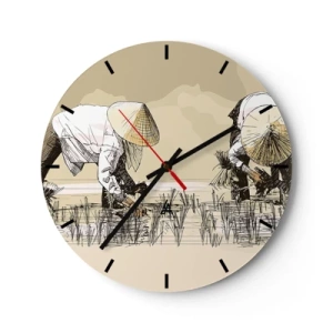 Orologio da parete - Orologio in Vetro - Un motivo da cartone animato che raffigura contadini al lavoro in una risaia, nei toni del beige. - 30x30cm - Buon raccolto - Decorazione murale moderna per soggiorno, cucina e camera da letto ARTTOR