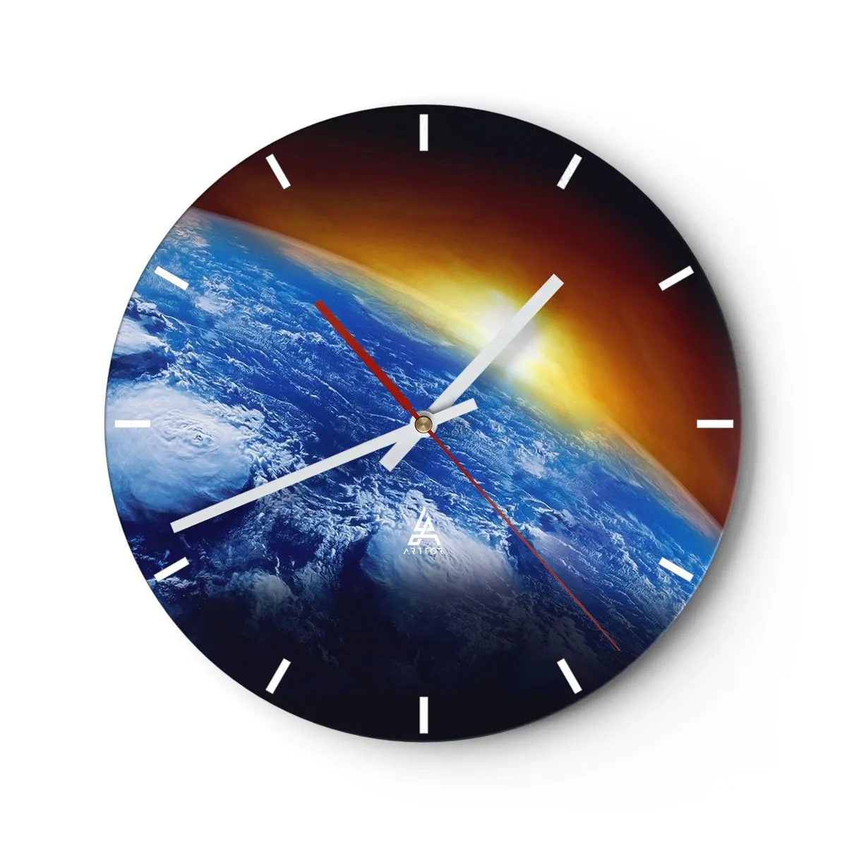 Orologio da parete - Orologio in Vetro - Alba sulla Terra vista dallo spazio - 30x30cm - L'alba sul pianeta azzurro - Decorazione murale moderna per soggiorno, cucina e camera da letto ARTTOR