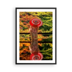 Poster in cornice nera - Una donna in kimono con un ombrello rosso su uno sfondo di foglie autunnali. - 50x70cm - Nel tempio della natura - Decorazione murale moderna per soggiorno e camera da letto ARTTOR