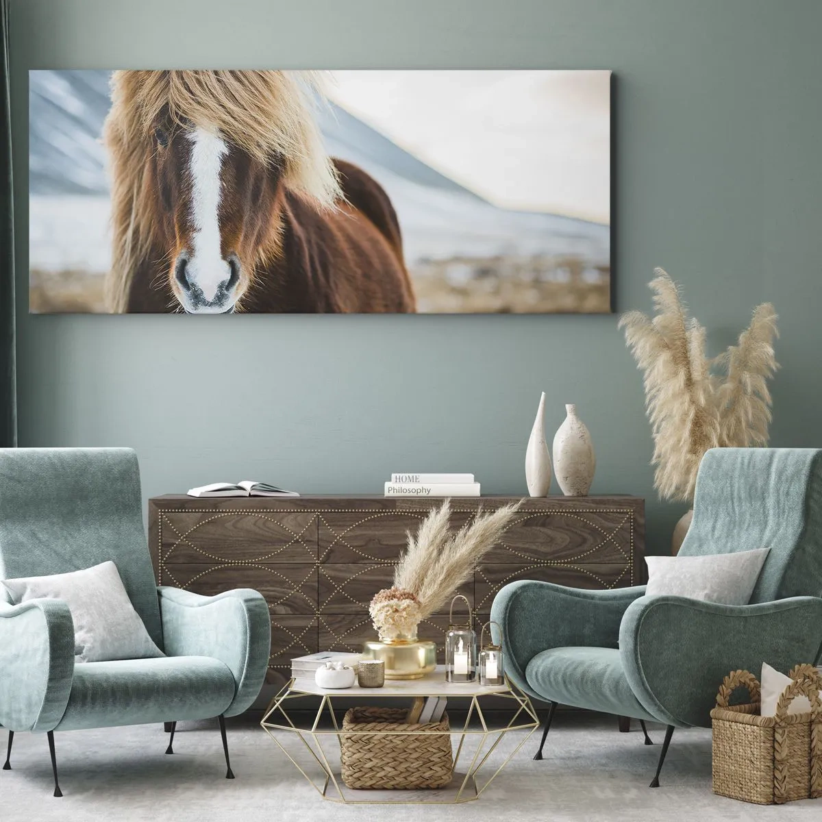 Quadro su tela - Stampe su Tela - Cavallo islandese contro un paesaggio montano - 160x50cm - Senti la libertà? - Decorazione murale moderna per soggiorno e camera da letto ARTTOR