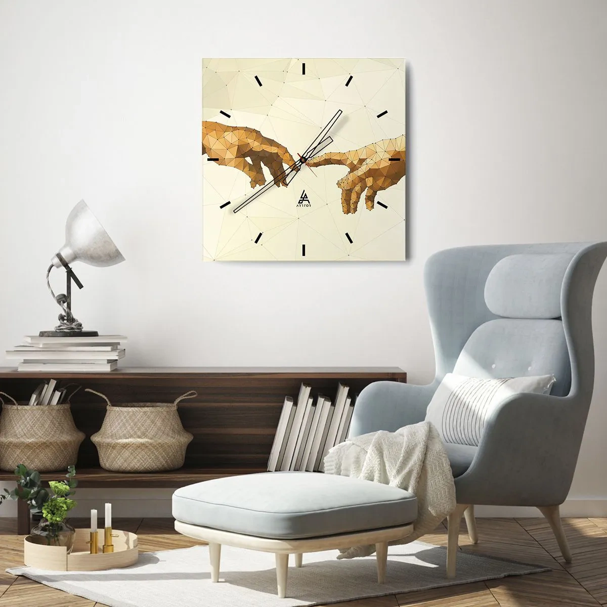 Orologio da parete - Orologio in Vetro - Mani geometriche che si protendono l'una verso l'altra su uno sfondo chiaro - 30x30cm - Geometria divina - Decorazione murale moderna per soggiorno e camera da letto ARTTOR