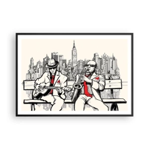 Poster in cornice nera - Un duo jazz con sassofono e chitarra sullo sfondo della città - 100x70cm - Improvvisare a New York - Decorazione murale moderna per soggiorno e camera da letto ARTTOR