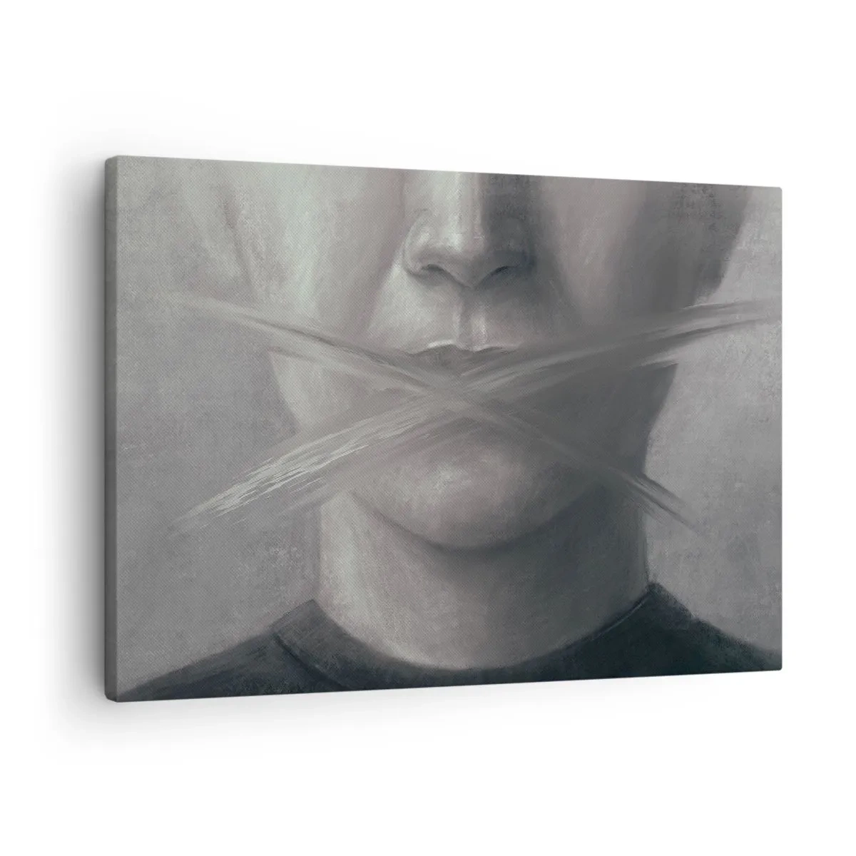 Quadro su tela - Stampe su Tela - Un ritratto simbolico con labbra sfocate nei toni del grigio. - 70x50cm - Neanche una parola - Decorazione murale moderna per soggiorno e camera da letto ARTTOR