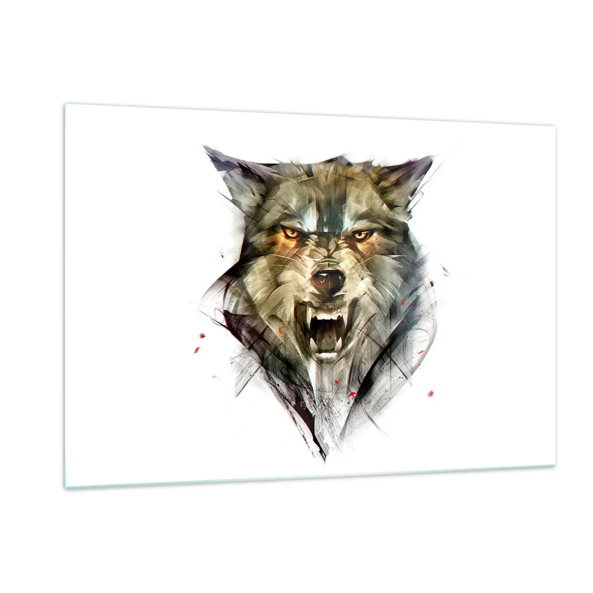 Quadro su vetro - Un'immagine di un lupo minaccioso con la bocca aperta e uno sguardo intenso - 120x80cm - Non si passa! - Decorazione murale moderna per soggiorno e camera da letto ARTTOR