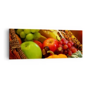 Quadro su tela - Stampe su Tela - Un cesto di frutta, zucche e mais su uno sfondo di colori autunnali. - 140x50cm - Cesta dell'abbondanza - Decorazione murale moderna per soggiorno e camera da letto ARTTOR
