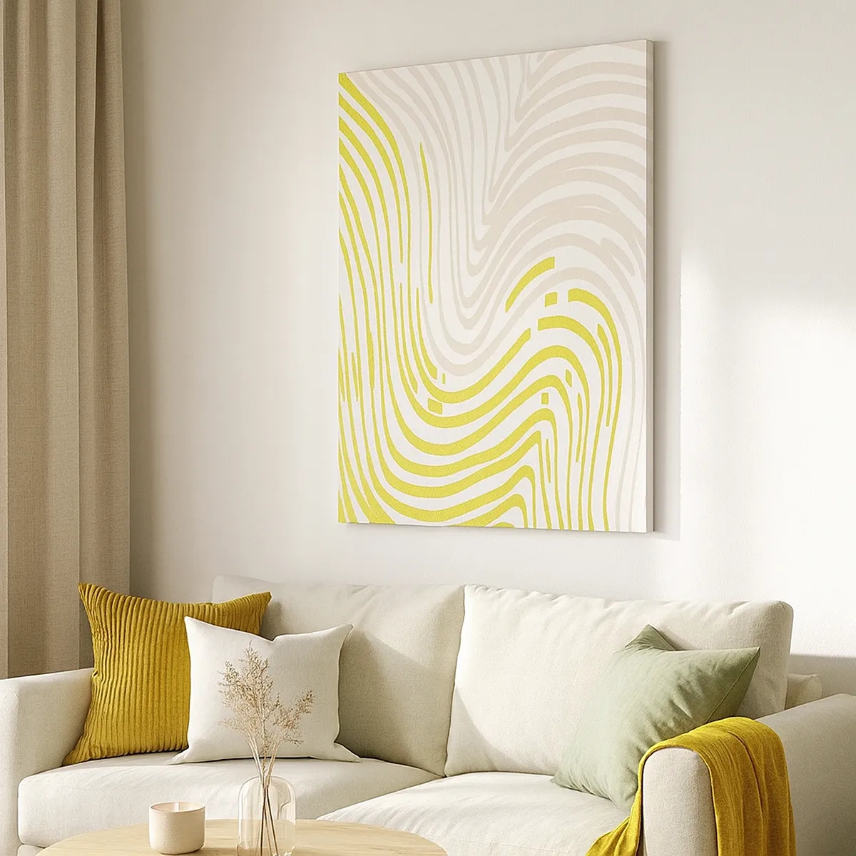 Quadro su tela - Stampe su Tela - Un motivo astratto con linee ondulate nelle tonalità del giallo e del beige. - 50x70cm - Composizione con lieve deflessione - Decorazione murale moderna per soggiorno e camera da letto ARTTOR