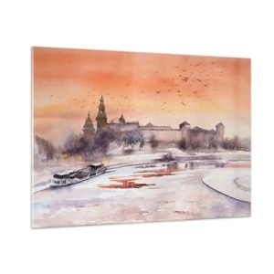 Quadro su vetro - Tramonto sul castello reale e sul fiume in inverno - 100x70cm - Tramonto reale - Decorazione murale moderna per soggiorno e camera da letto ARTTOR